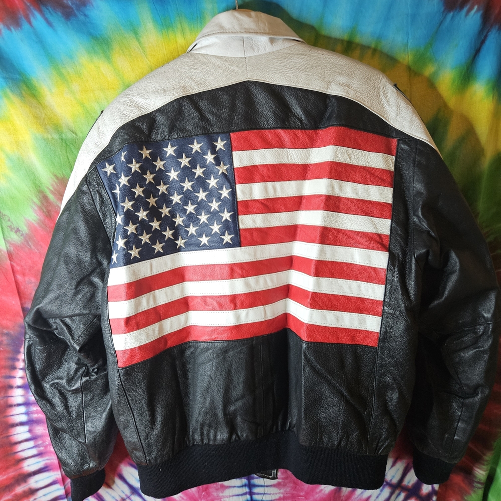 Vintage Michael Hasban Black and White Full Leather Usa American Flag Bomber J.